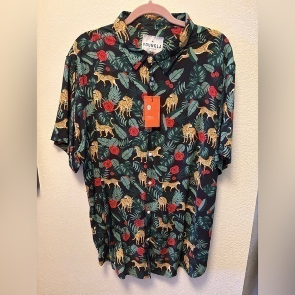 NWT Men’s Youngla Safari Button down Short sleeve casual dress shirt XXL Cheetah